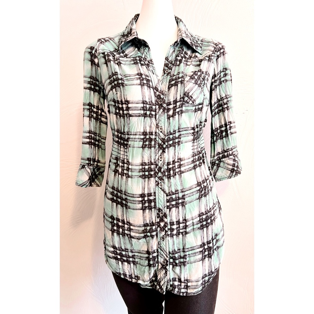 EUC Guess Jeans Fitted Flannel w/Gathered Waist Detail & Tunic Length Size Small